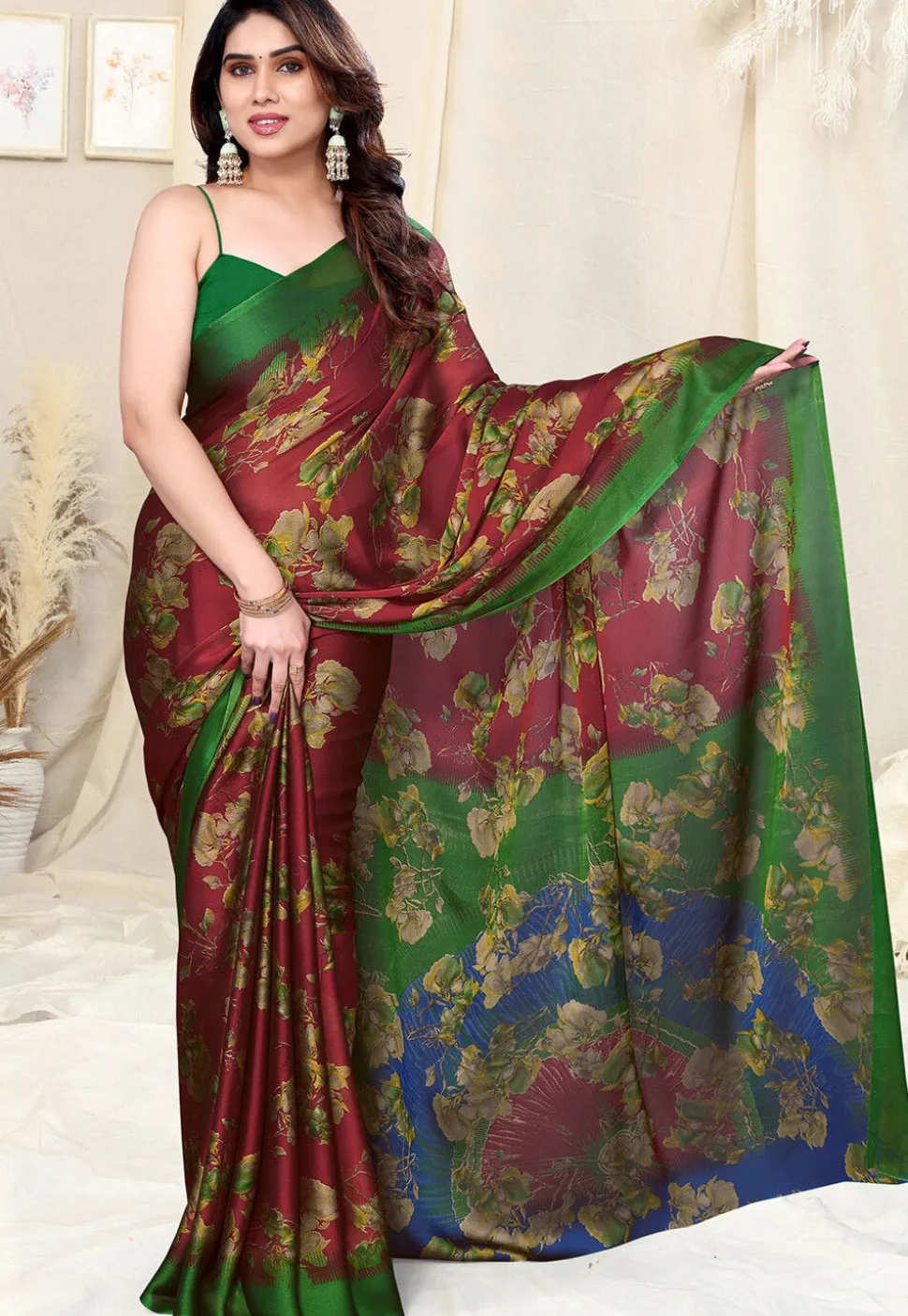 Digital Printed Chiffon Saree in Maroon