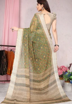 Digital Printed Chiffon Saree in Olive Green