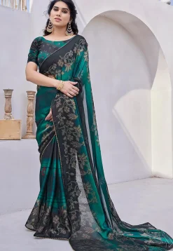Digital Printed Chiffon Saree in Teal Green and Black