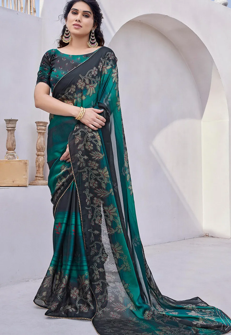 Digital Printed Chiffon Saree in Teal Green and Black