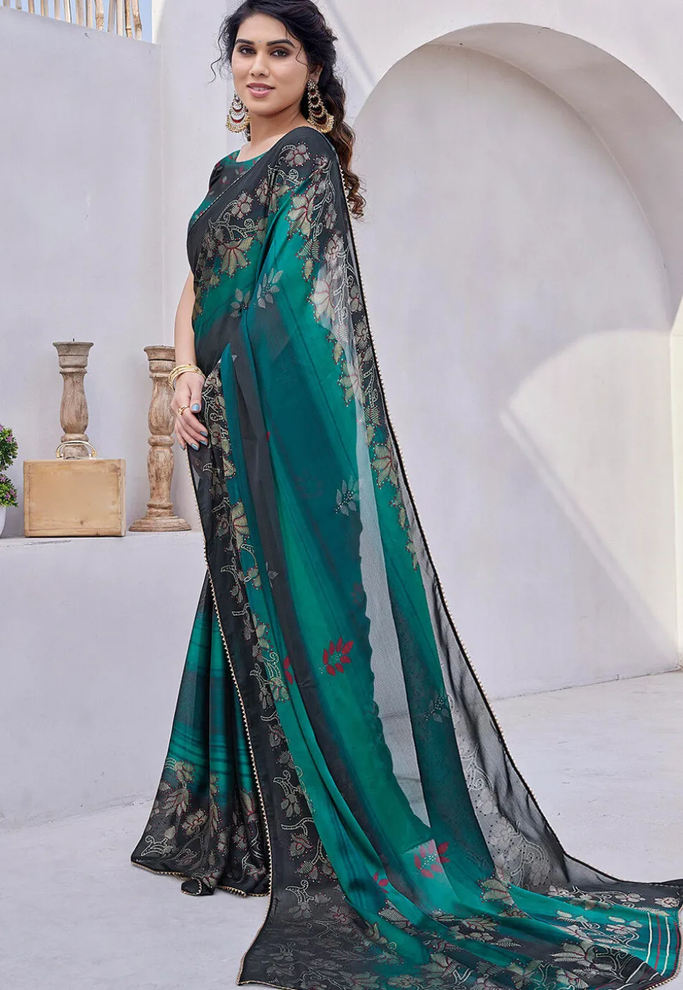 Digital Printed Chiffon Saree in Teal Green and Black