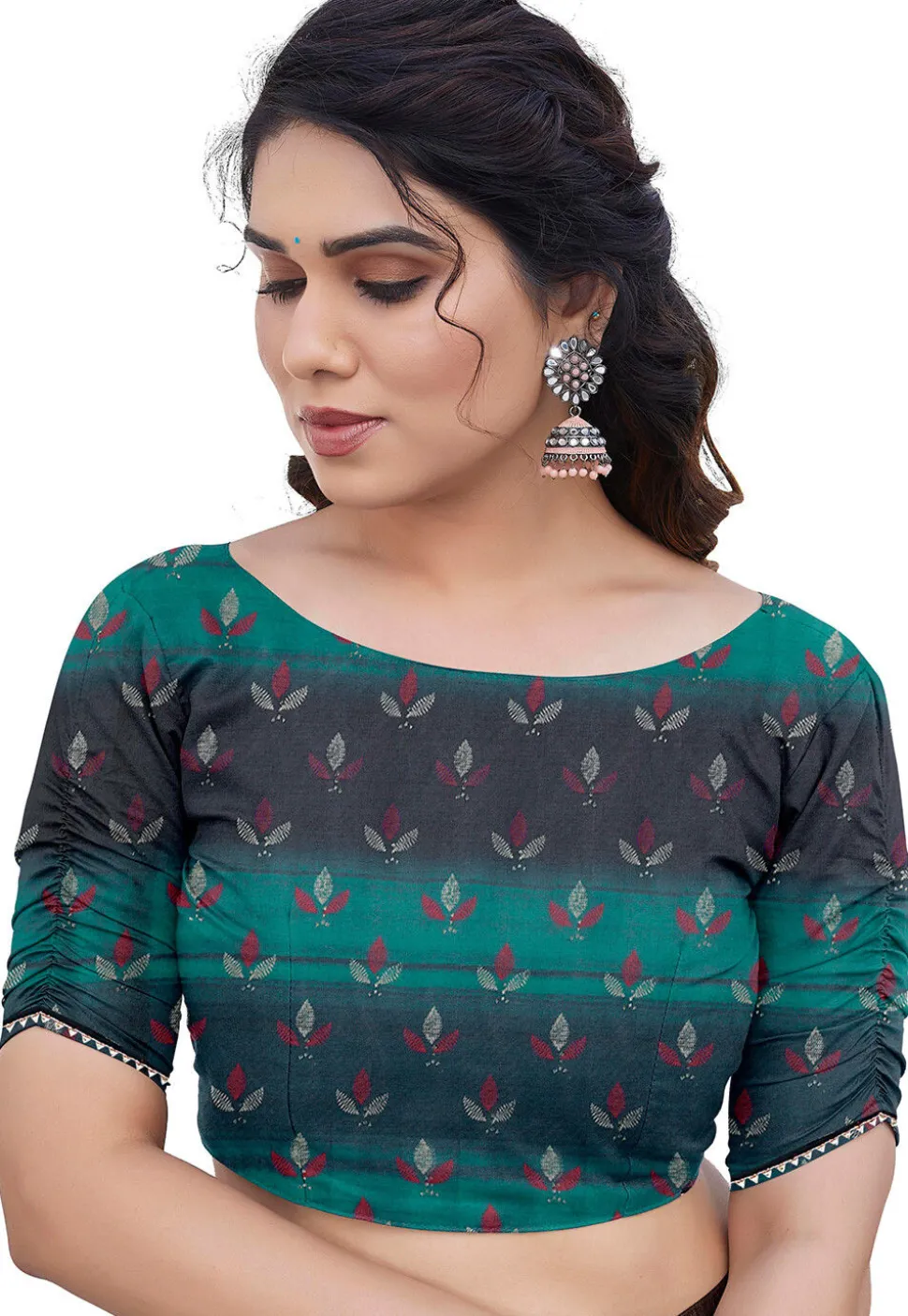 Digital Printed Chiffon Saree in Teal Green and Black