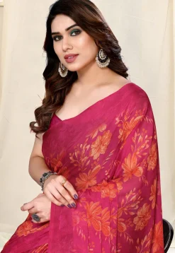 Digital Printed Chiffon Saree in Magenta