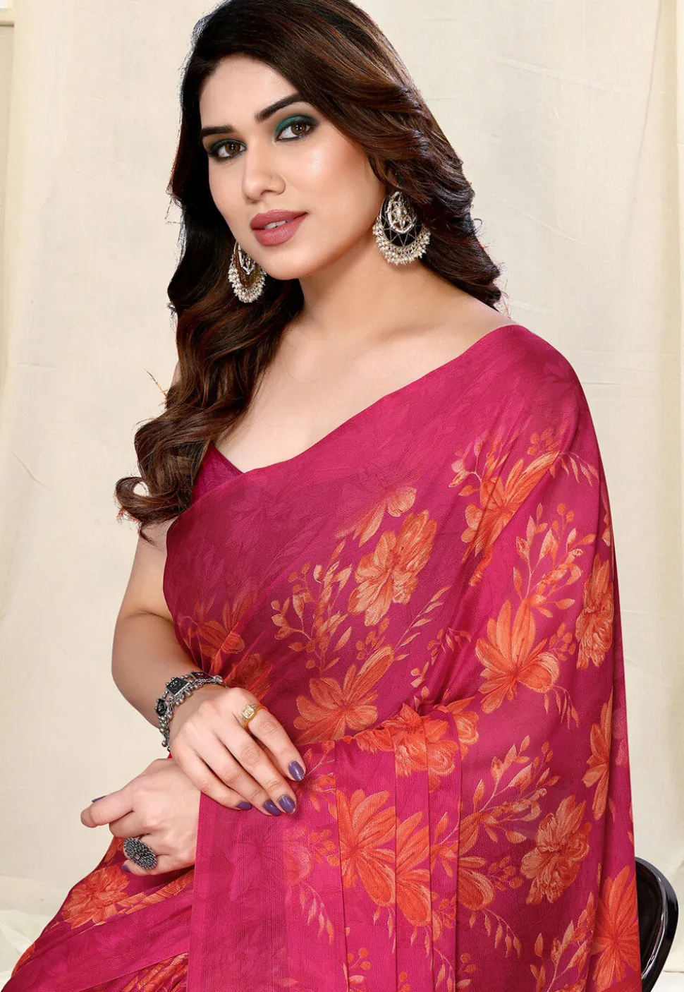 Digital Printed Chiffon Saree in Magenta