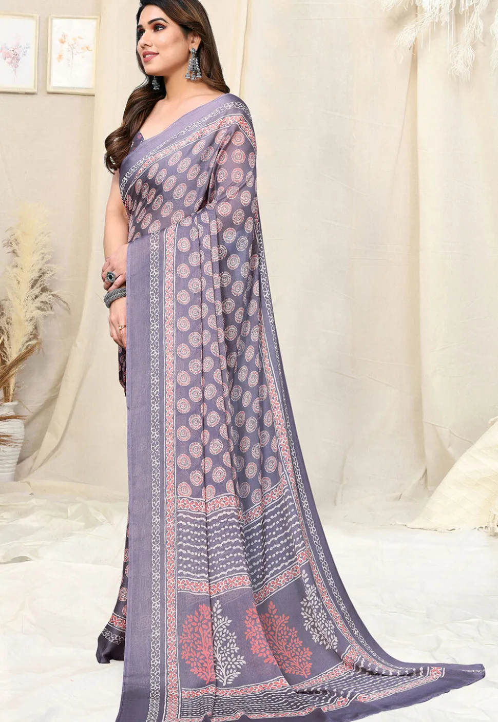 Digital Printed Chiffon Saree in Dusty Purple