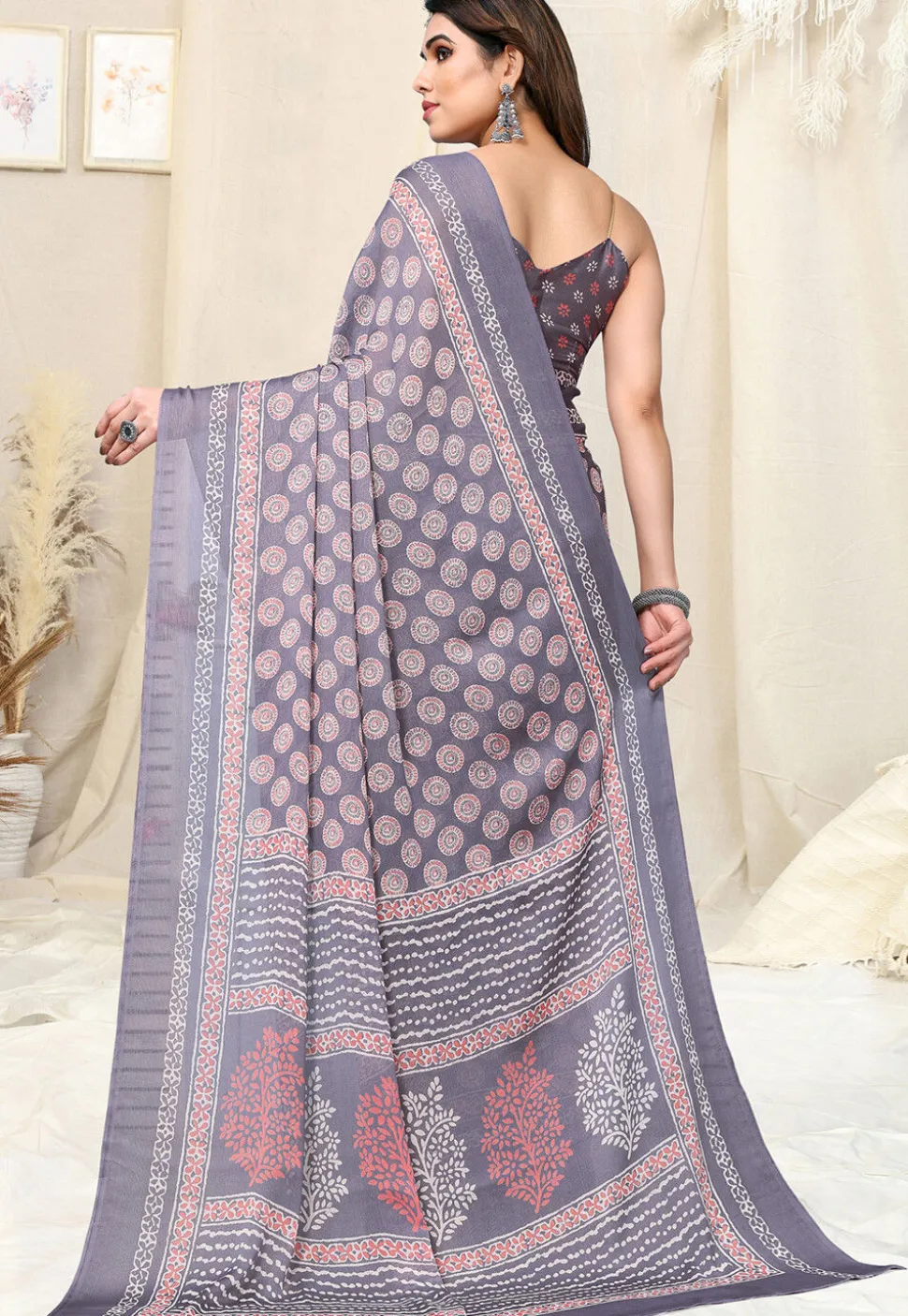 Digital Printed Chiffon Saree in Dusty Purple