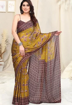 Digital Printed Chiffon Saree in Mustard