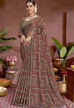 Digital Printed Chiffon Saree in Grey
