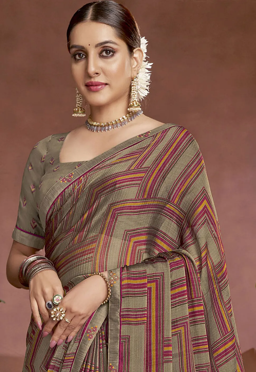 Digital Printed Chiffon Saree in Grey