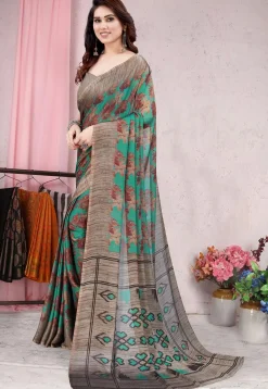 Digital Printed Chiffon Saree in Teal Green