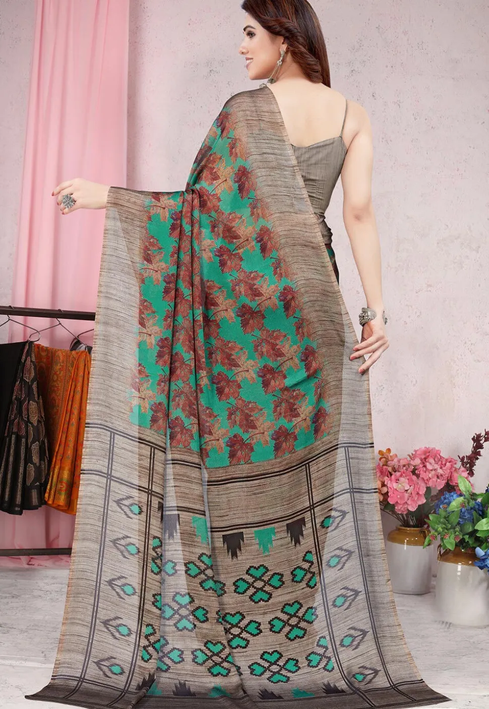 Digital Printed Chiffon Saree in Teal Green