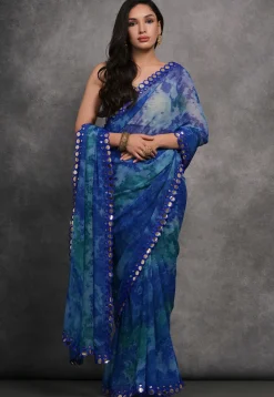 Digital Printed Chiffon Saree in Royal Blue