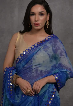 Digital Printed Chiffon Saree in Royal Blue
