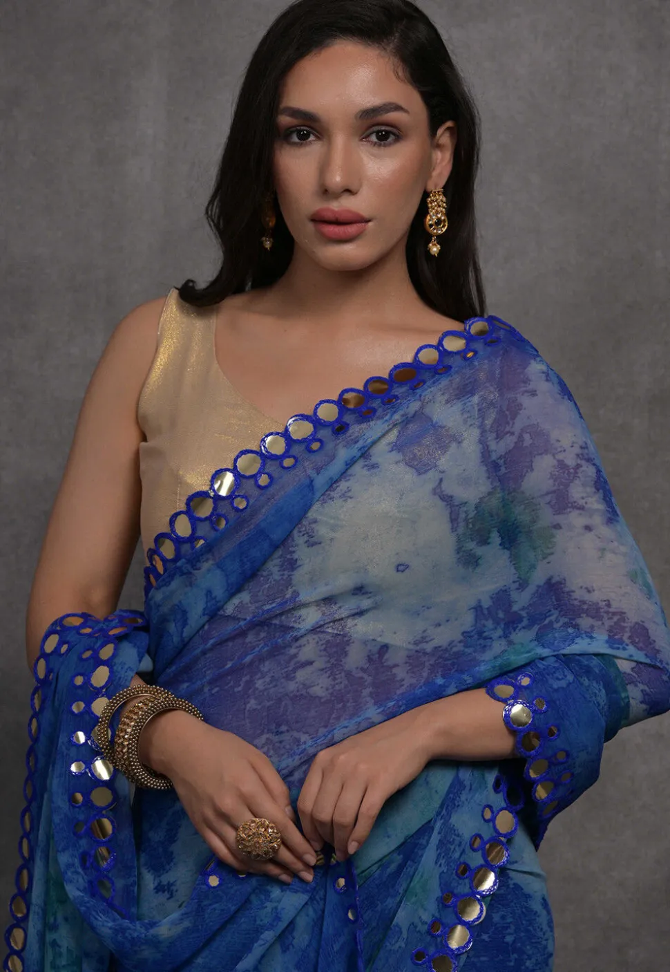 Digital Printed Chiffon Saree in Royal Blue