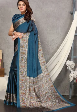 Digital Printed Chiffon Saree in Teal Blue