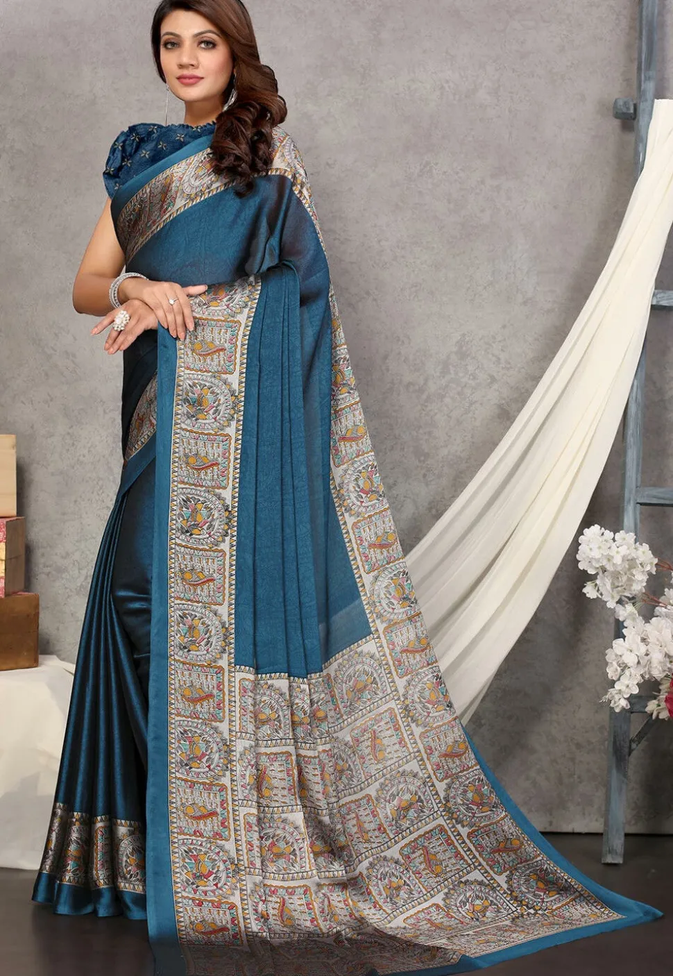 Digital Printed Chiffon Saree in Teal Blue