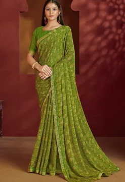 Digital Printed Chiffon Saree in Green