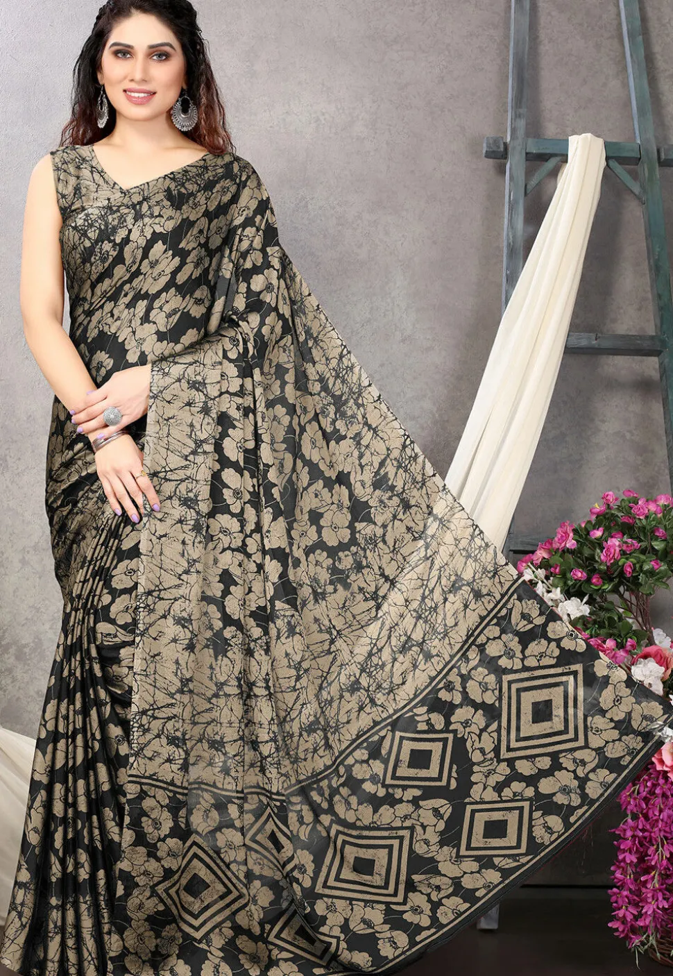 Digital Printed Chiffon Saree in Black and Beige