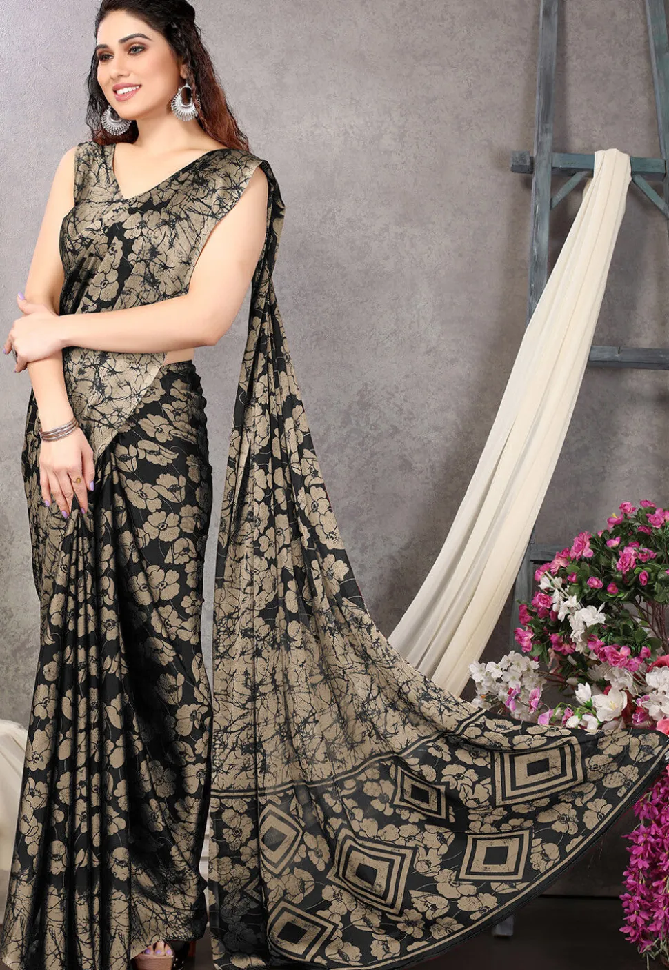 Digital Printed Chiffon Saree in Black and Beige
