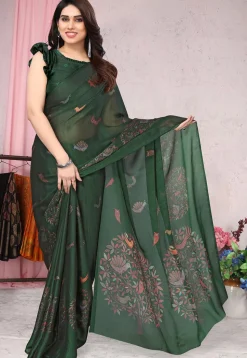 Digital Printed Chiffon Saree in Green