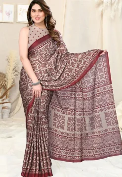 Digital Printed Chiffon Saree in Beige and Maroon