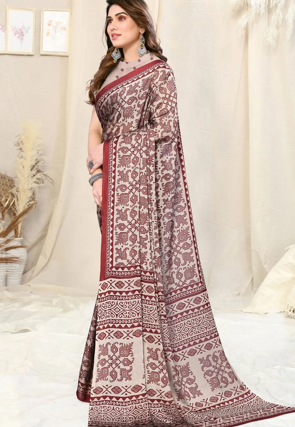 Digital Printed Chiffon Saree in Beige and Maroon
