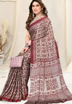 Digital Printed Chiffon Saree in Beige and Maroon