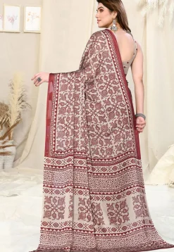 Digital Printed Chiffon Saree in Beige and Maroon