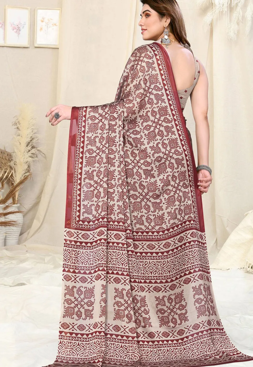 Digital Printed Chiffon Saree in Beige and Maroon
