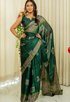 Digital Printed Chiffon Saree in Dark Green