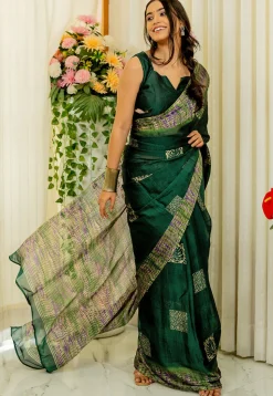 Digital Printed Chiffon Saree in Dark Green