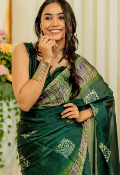 Digital Printed Chiffon Saree in Dark Green