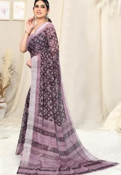 Digital Printed Chiffon Saree in Black and Purple