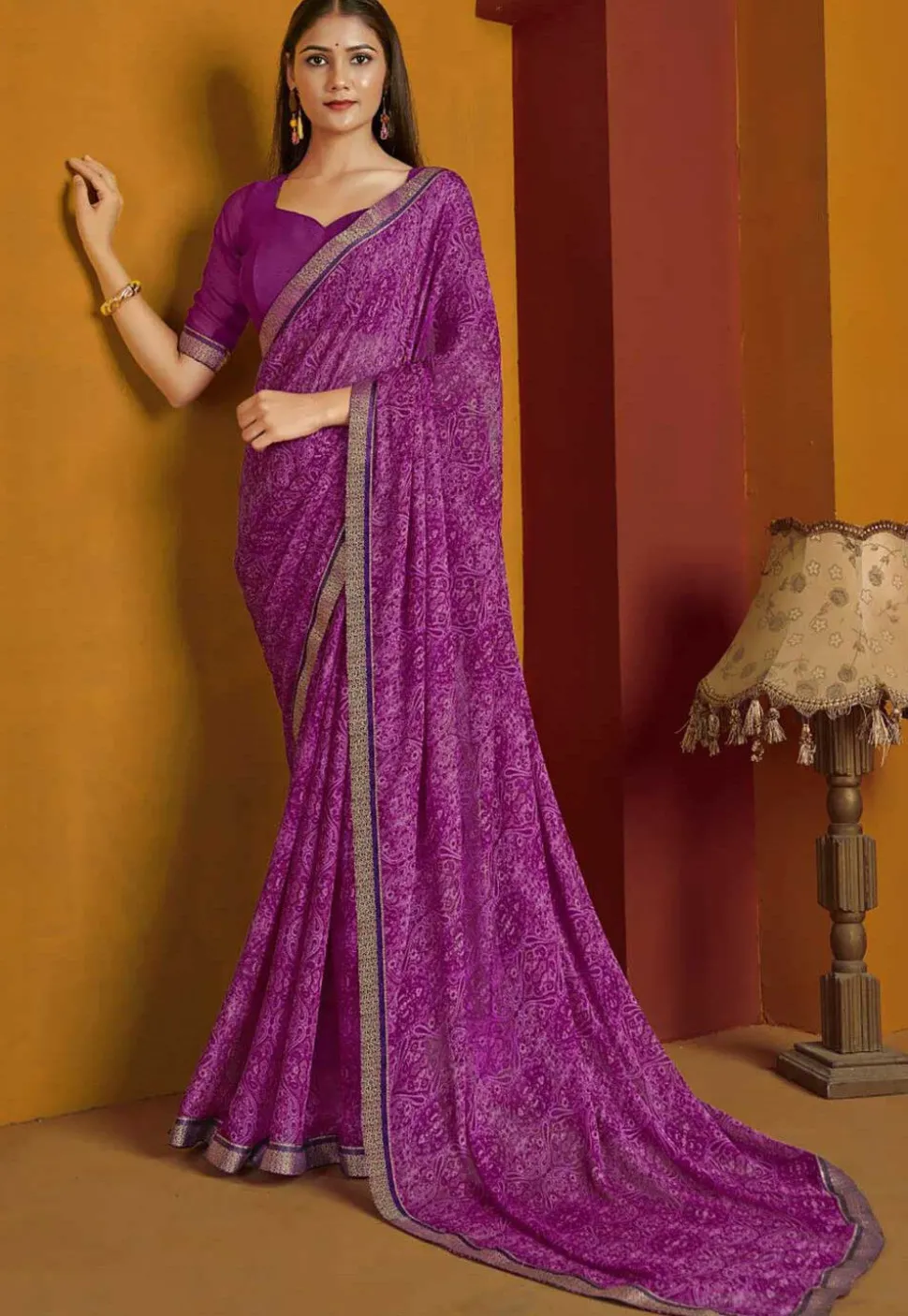 Digital Printed Chiffon Saree in Purple