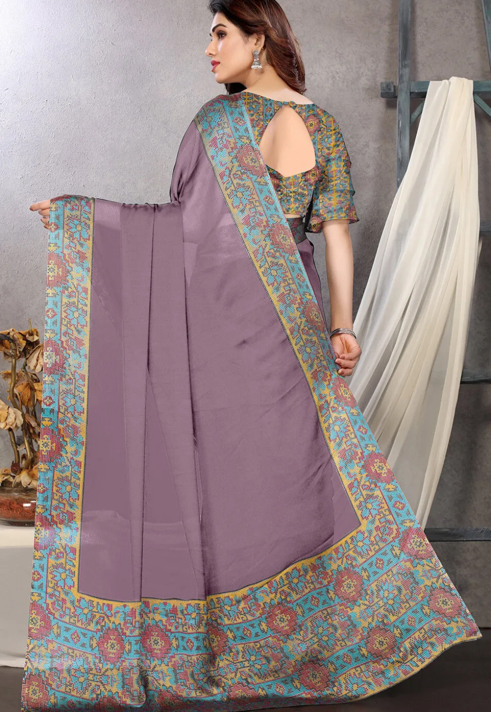 Digital Printed Chiffon Saree in Purple
