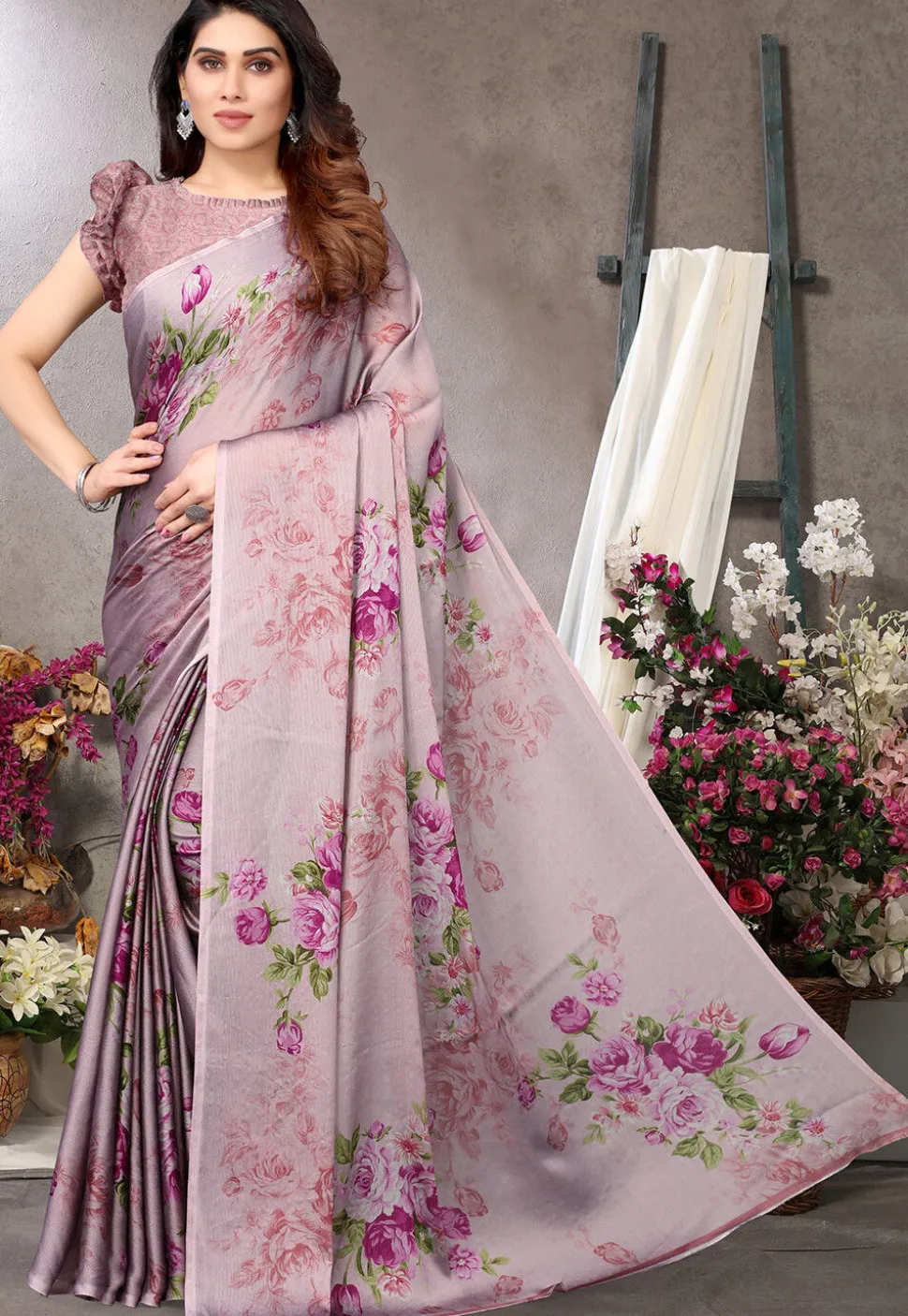 Digital Printed Chiffon Saree in Lilac