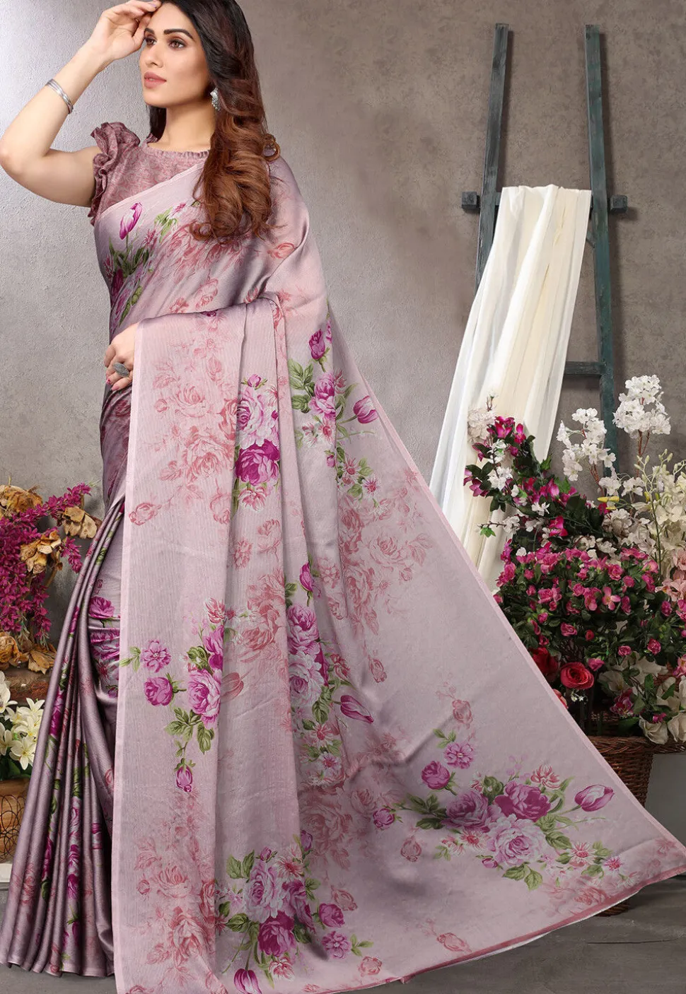 Digital Printed Chiffon Saree in Lilac