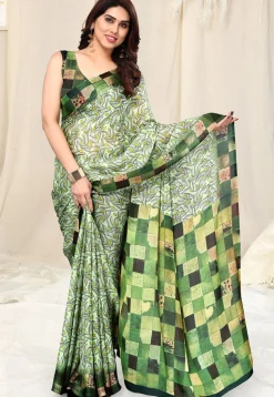 Digital Printed Chiffon Saree in Light Green