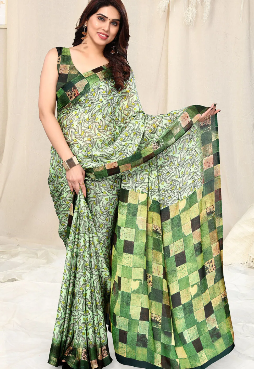 Digital Printed Chiffon Saree in Light Green