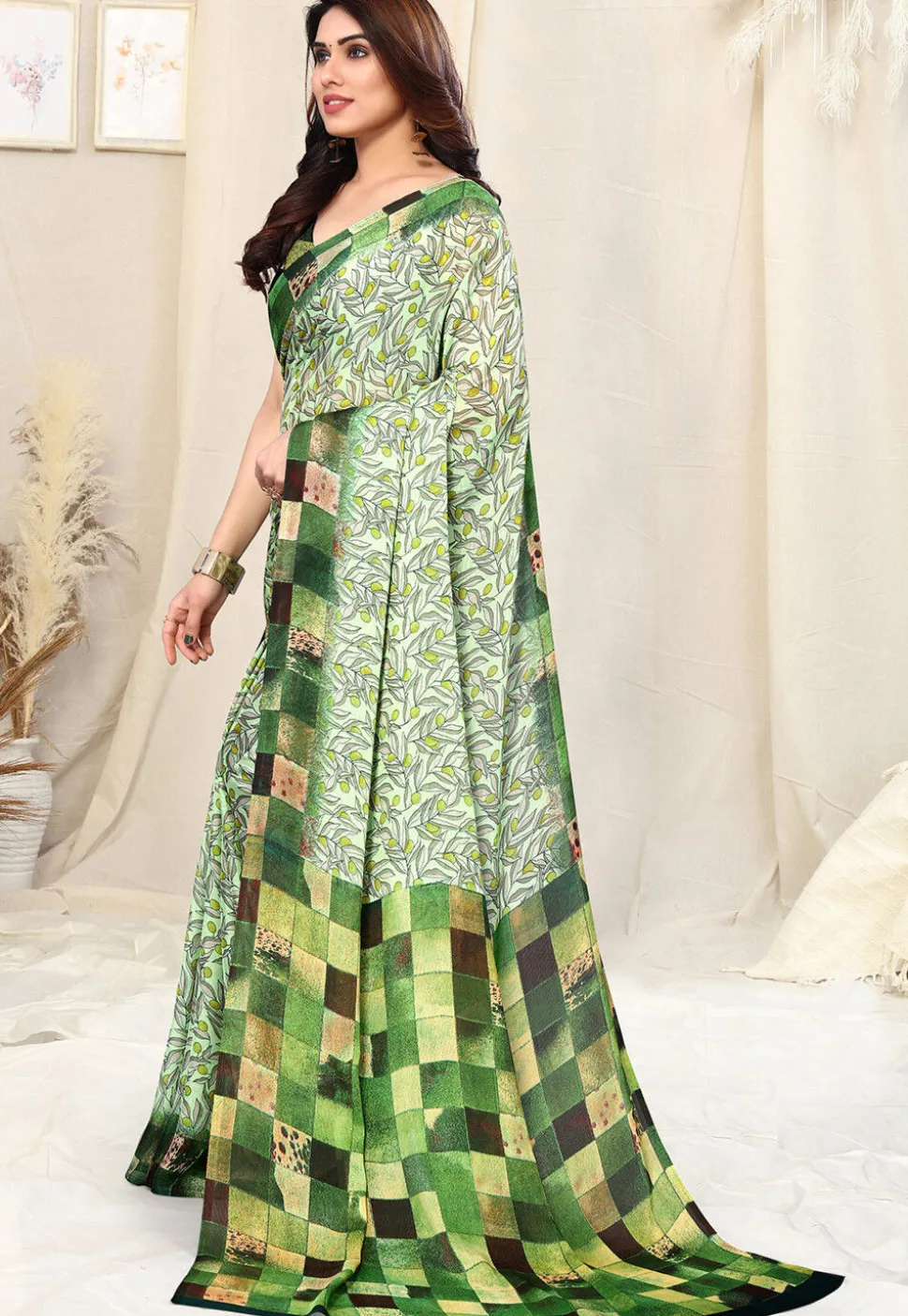 Digital Printed Chiffon Saree in Light Green