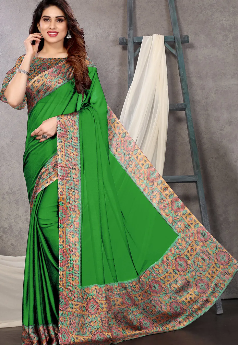 Digital Printed Chiffon Saree in Light Green