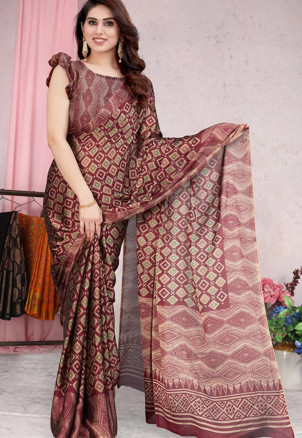 Digital Printed Chiffon Saree in Maroon