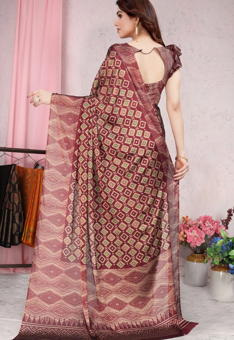 Digital Printed Chiffon Saree in Maroon