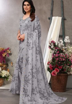 Digital Printed Chiffon Saree in Grey