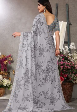 Digital Printed Chiffon Saree in Grey