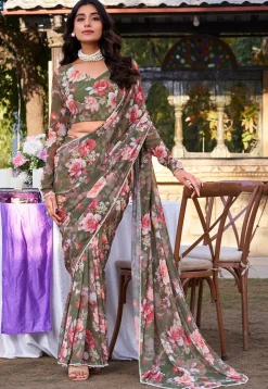 Digital Printed Chiffon Saree in Olive Green