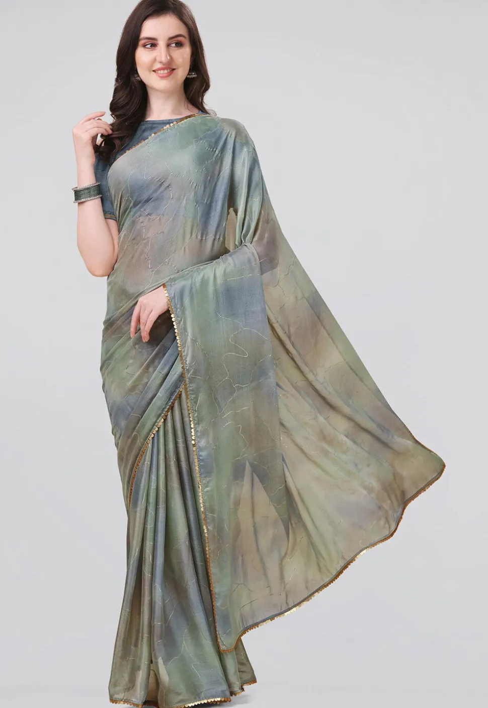 Digital Printed Chiffon Saree in Grey