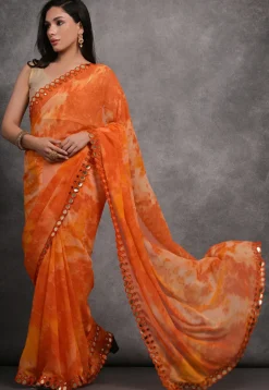 Digital Printed Chiffon Saree in Orange
