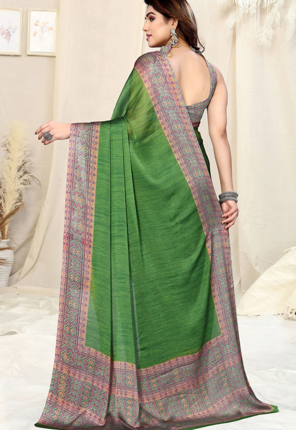 Digital Printed Chiffon Saree in Green