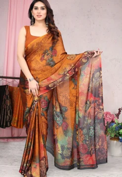 Digital Printed Chiffon Saree in Orange